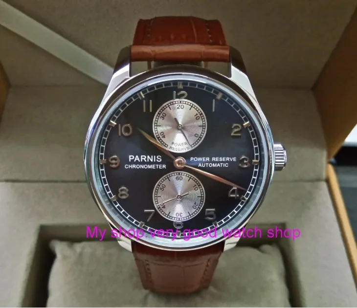 

43MM PARNIS Automatic Self-Wind movement blue dial power reserve men's watch brown Leather Strap Mechanical watches 174a