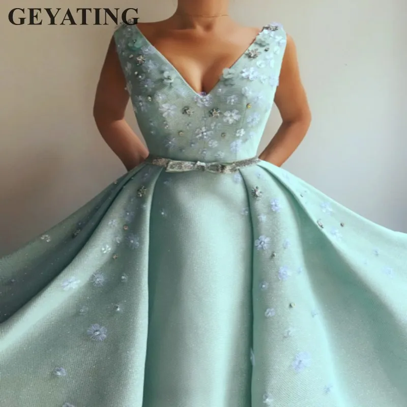 Elegant Mint Evening Dress Long 2019 Shiny 3D Flowers Beaded Vestido ano novo Arabic Women Prom Formal Dress Party Dinner Gowns