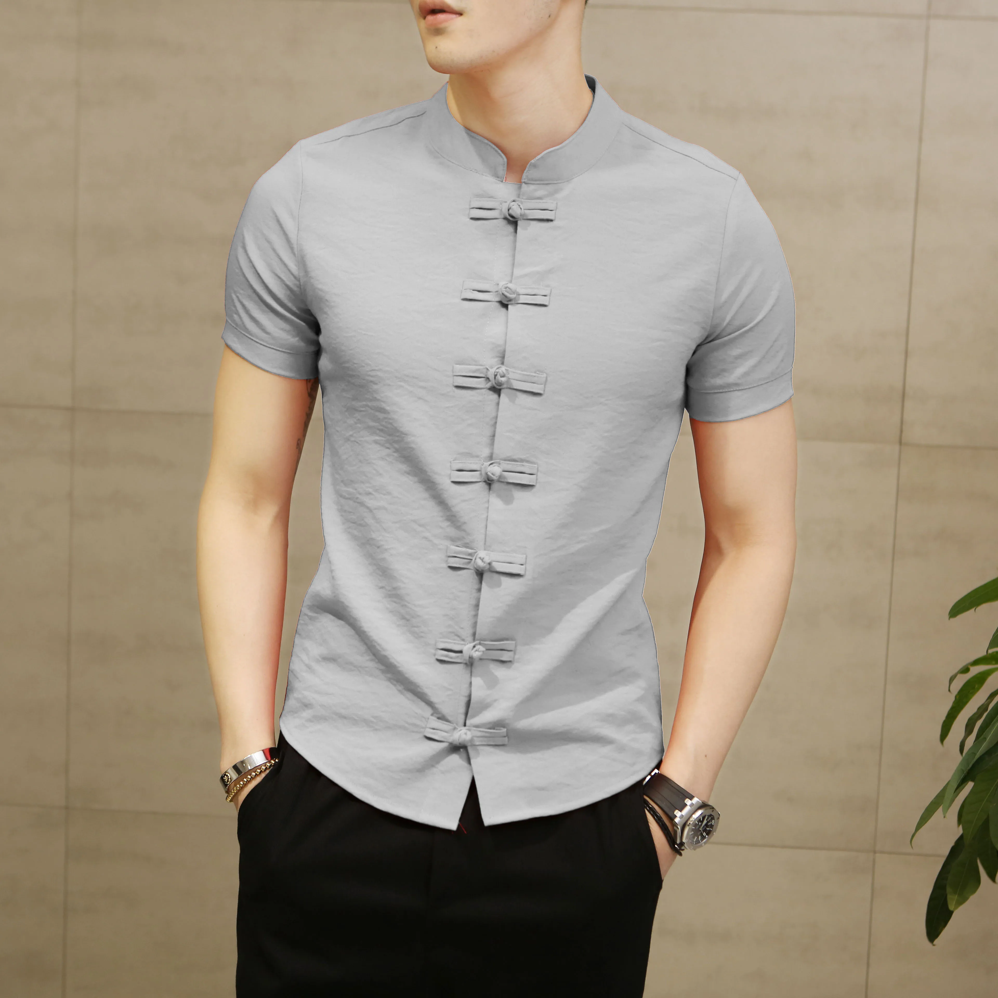 Мужская рубашка в китайском стиле, новинка, летняя, крутая, одноцветная, модная, повседневная, льняная, тонкая, мягкая, удобная, с коротким рукавом рубашка