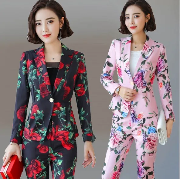 Fashion Elegant Business Pant Suits For Women Blazer and Trouser 2 Piece Set Ladies Floral Print Pants Suits Office Work Outfit