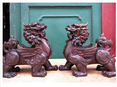 Vintage chino Puro de Cobre bronce Feng Shui Evil Foo Perro kylin Par copper decoration bronze factory Pure Brass | Дом и сад
