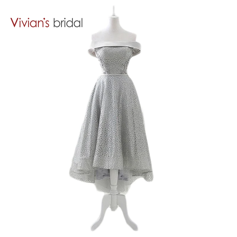 

Vivian's Bridal Front Short Long Back Prom Dress Party Dresses Boat Neck Off Shoulder Sleeveless Evening Dress 15425