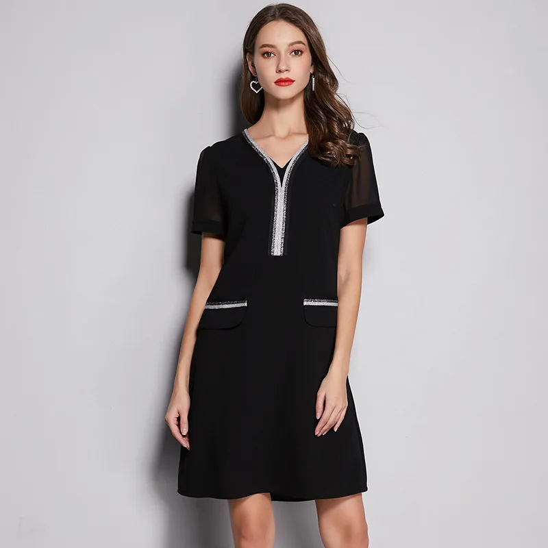 

Korean style 2019 summer plus size dress for women loose elegant casual large size V neck chiffon black short dresses 4XL 5XL