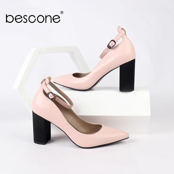 

BESCONE Sexy Genuine Leather Square Heel Women Pumps Casual Slip-On Super High Heels Shoes Fashion Outside Ladies Pumps BC155