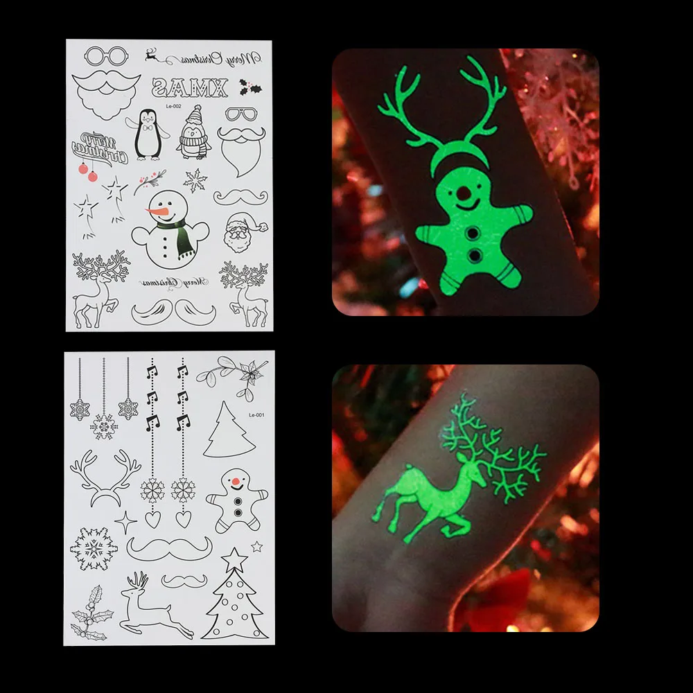 1 лист Рождественская тема светящиеся Временная водостойкая татуировка стикер боди-арт флуоресцентные наклейки татуировки