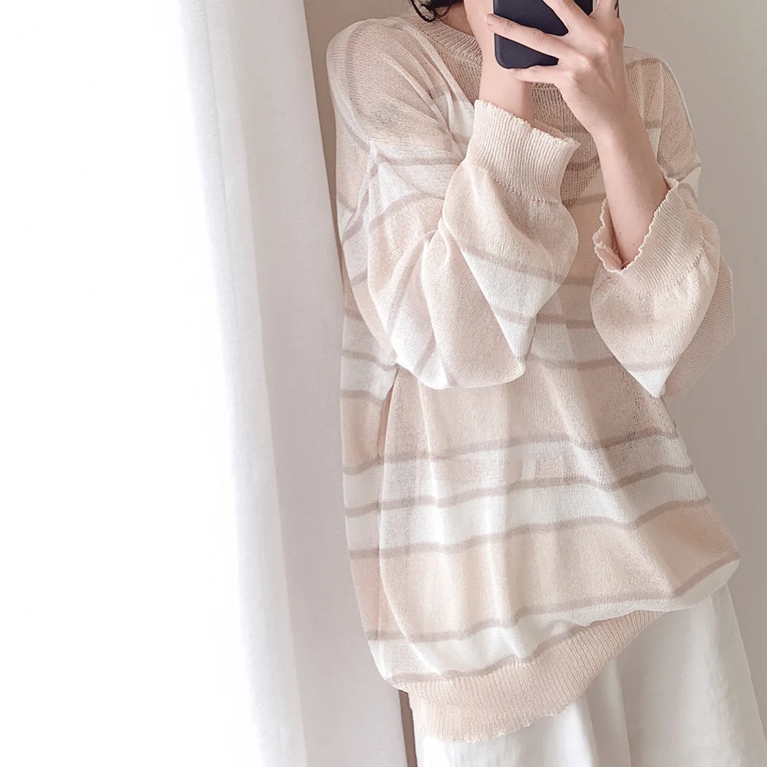 

Spring 2019 New Women Wide Slim Ice Silk Long Sleeve Ladies Striped Knitted Sweater Pullovers Computer Knitted Women Sweater