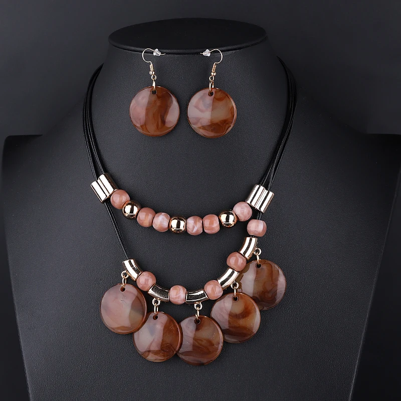 

2019 Resin Acrylic Jewelry Sets For Women Beaded Geometric Leather Rope Necklace Round Earrings Bridal Wedding Engagement