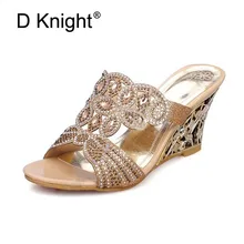 Ladies Casual Open Toe Wedges Slides Luxurious Rhinestone Sandals For Women Female High Heels Crystal Wedge