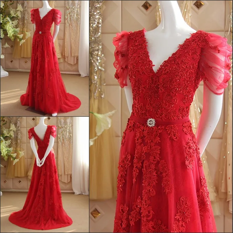 

sexy backless v-neck short sleeve lace appliques crystal long evening dress 2015 a-line red robe de soiree vestido de festa