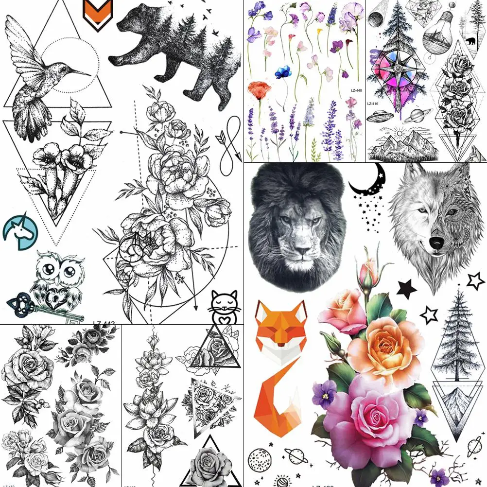 

Geometric Large Rose Tattoos Stickers Daisy Women Triangle Humminbirds Lion Wolf Fake Waterproof Temporary Tattoo Flower Paper