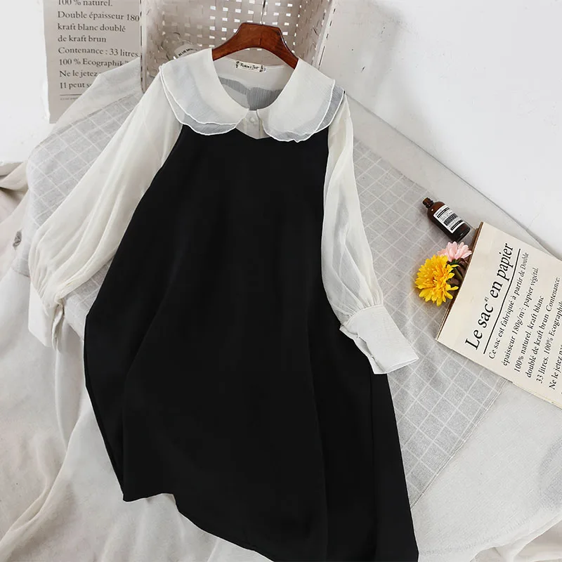 

2019 Korean Style Spring Women Long Sleeve Shirts + Black Dress Casual 2 pcs set suits A825
