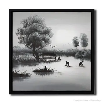 

Hand Painted Under The Night Catch Fish Landscape Oil Painting On Canvas Modern Wall Art For Home Decoration / No Frame