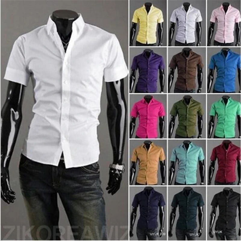 

2019 Men's Slim Fit Shirt Short Sleeve Business Formal Casual shirt Tops Solid Single Breasted Free Delivery 18 Color M-3XL