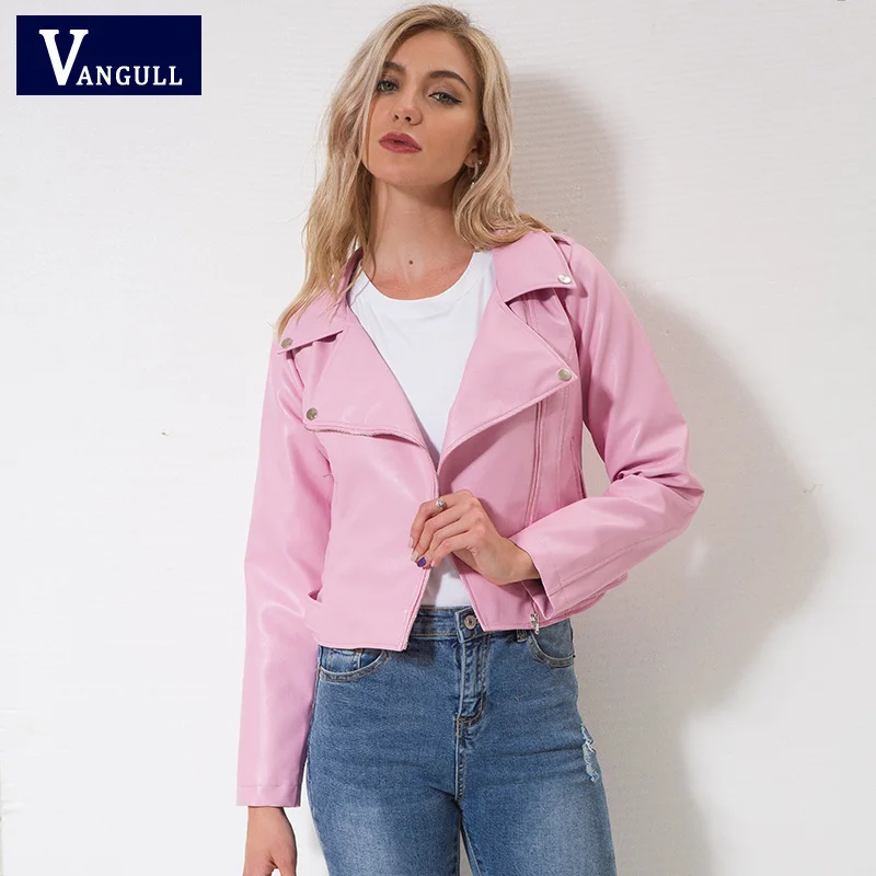 VANGULL/Женская куртка из искусственной кожи; элегантное милое розовое пальто; Верхняя одежда с длинными рукавами на молнии сбоку и отложным воротником; сезон осень-зима