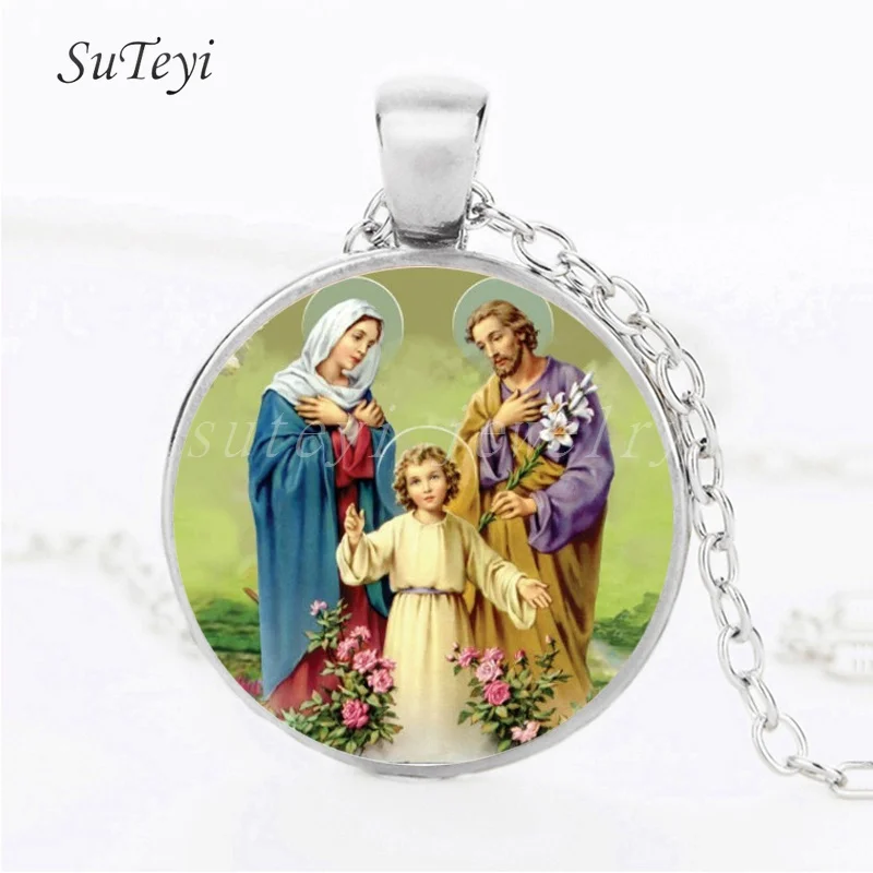 

SUTEYI New Style Blessed Virgin Mary Mother of Baby Necklace Jesus Christian pendant Catholic Religious Glass Jesus Necklace