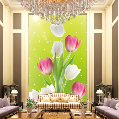 

Tulip Floral Wallpaper 3D Entrance Hallway Mural Flowers Wallpapers Wall Backdrop Vertical papel Mural dormitorio