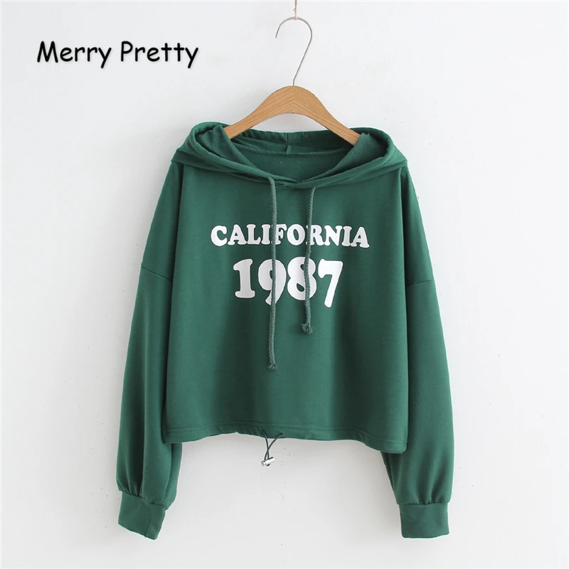 

MERRY PRETTY Crop Hoodies Women Letter California 1987 Printed Long Sleeve Harajuku Sweatshirts Drawstring Hooded Pullovers Tops