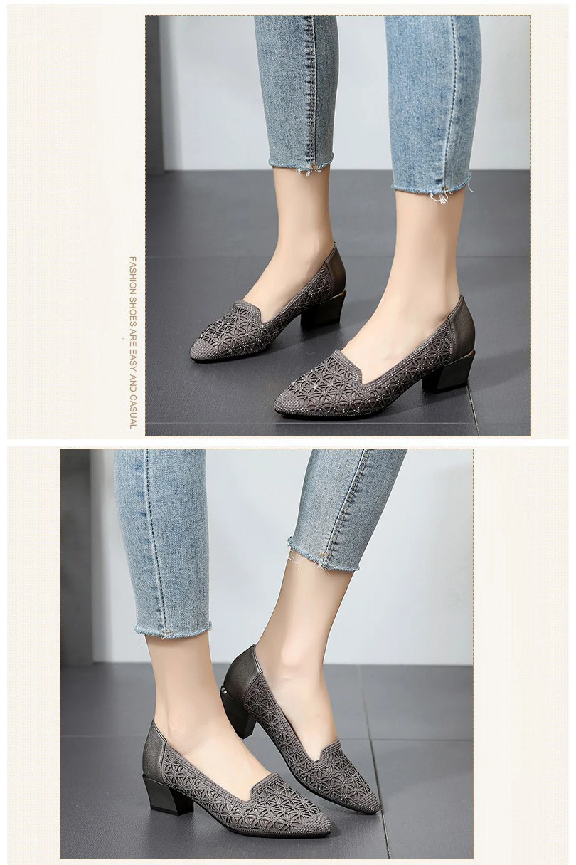 GKTINOO стразы на среднем каблуке Для женщин туфли из мягкой натуральной кожи; женская обувь Для женщин слипоны обувь квадратный каблук Дамская обувь