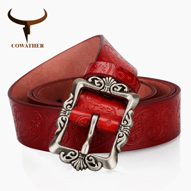 COWATHER 2017 cow genuine leather belts for Women luxury strap female belt Cashew flowers high quality pin buckle 3.2cm XF022 - Image 4
