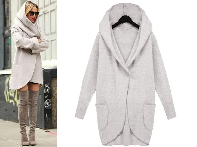 Модное женское пальто, верхняя одежда XXXXL 5XL размера плюс, повседневная куртка с карманами и капюшоном, осенне-зимний стиль, свободные однотонные, стиль Харадзюку, одежда - Цвет: Light Gray