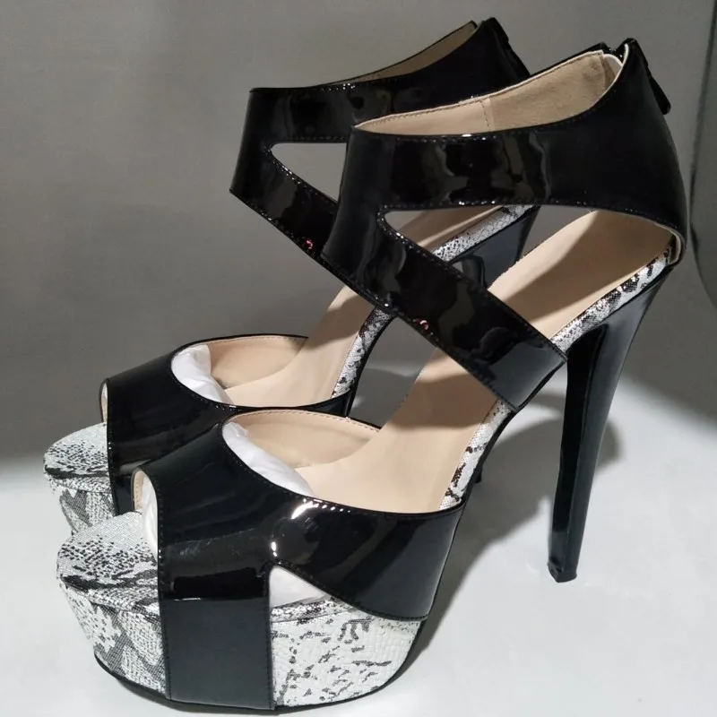 SHOFOO/обувь, Супер модная обувь,, черная кожа, змеиная кожа, с открытым носком, застежкой-молнией, Сандалии на каблуке высотой 14,5 см, Женские босоножки