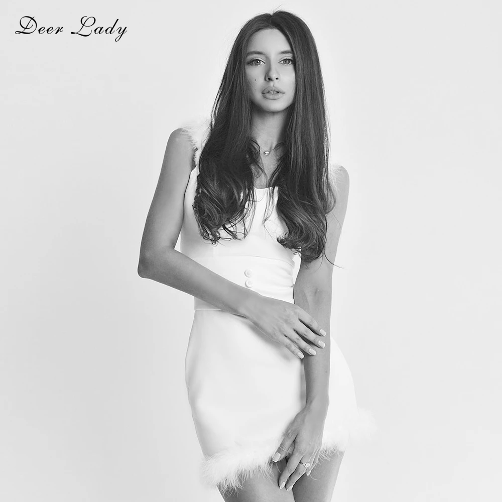 

Deer Lady Women Summer Bandage Dress 2019 New Arrivals Elegant Feather Sexy Bodycon Bandage Party Dress White Mini Cub Dresses