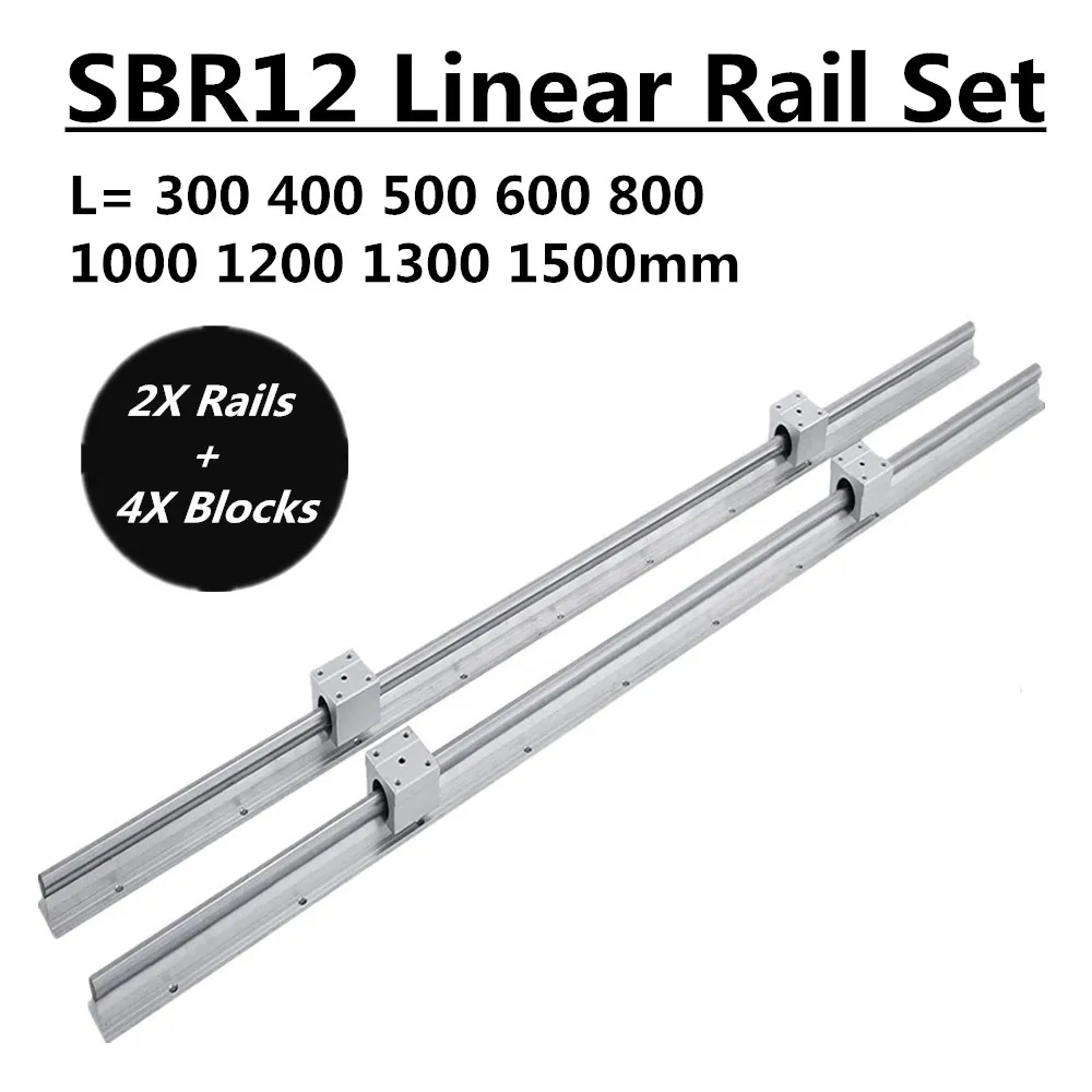 2PCS SBR12-300~1500mm Fully Supported Linear Rail Shaft Rod 4PCS SBR12UU Block 