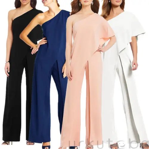 

Fashion New Women Sloping Shoulder Wide Leg Pants Jumpsuit Elegant Solid Color OL Loose Graceful Casual Long Trouser