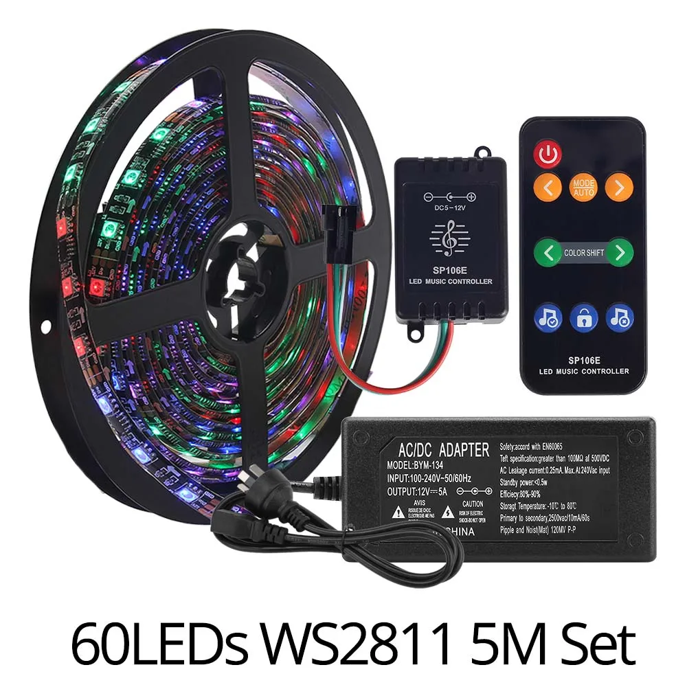 Музыкальный контроль Dream color WS2811 светодиодный комплект 5 м DC12V 5050 RGB светодиодный светильник с музыкальным контроллером IP20 IP65 - Испускаемый цвет: 60LEDs 2811 Set