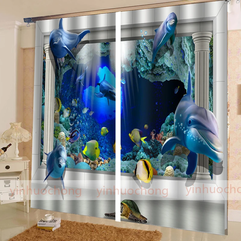 Custom Modern 3d Blackout Window Curtains Cartoon Shark