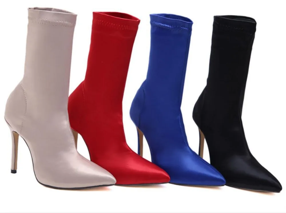 

New Wedding Shoes Boot Sexy Pointed Toe Elastic Socks Boots Women High Heels 11CM Silks Solid Short Ankle Boots Ladies Shoes