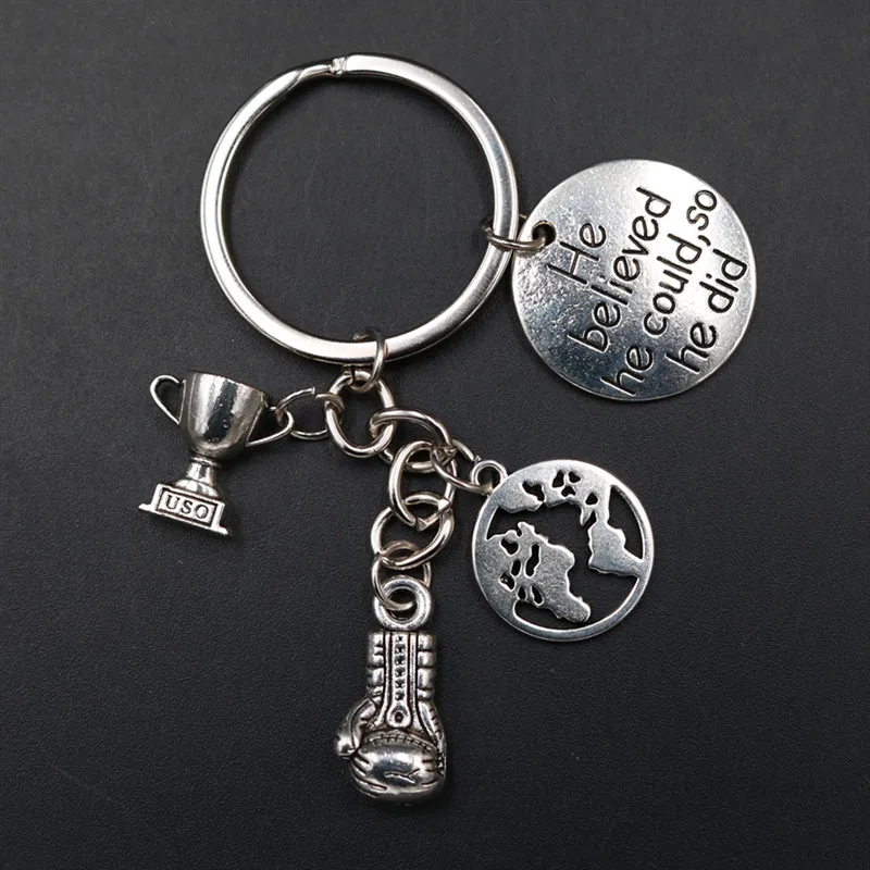 

1pc Creative Metal He Believed He Could So He Did Charm World Cup & Boxing Gloves Inspirational Keychain Couple Keychain A1843