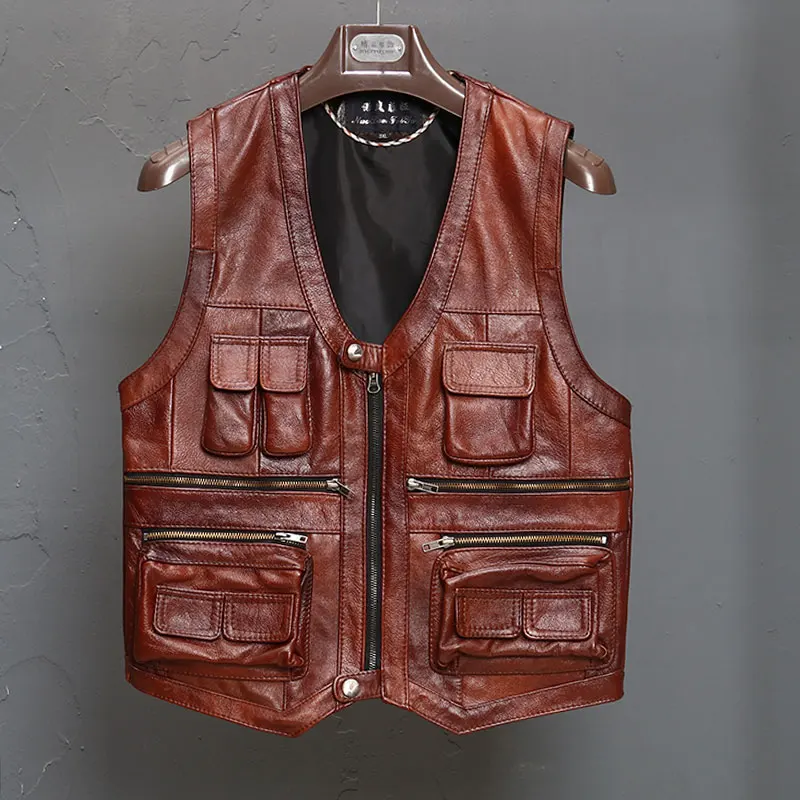 BONJEAN Cow Genuine Leather Vest Men's Waistcoat Jacket Tank Top Vest