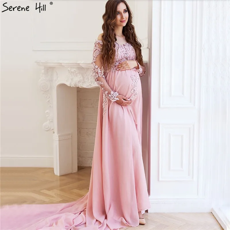 

Pink Long Sleeve Lace Sexy Prom Dresses 2019 Dubai Maternity photography Chiffon Prom Gown Serene Hill BHA2180