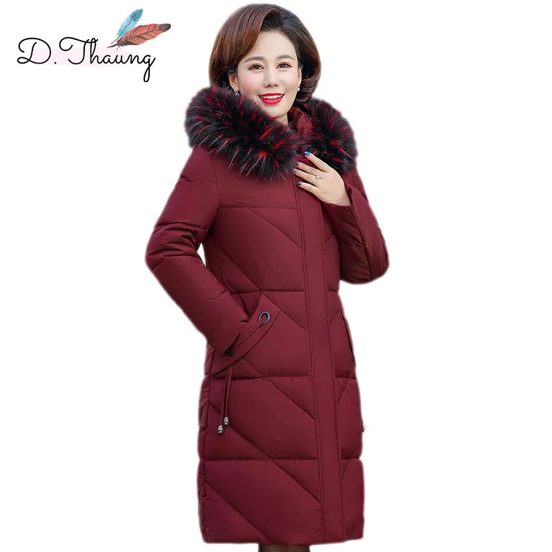 

Winter Women Jacket Middle Old Aged Mid-Long Loose Female Down Cotton Coat Large Size Hooded Fur Collar Warm Ladies Parkas Cw649