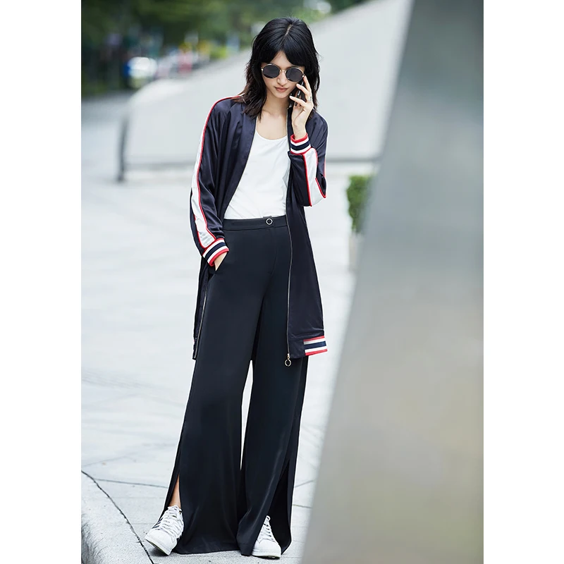 Femmes Noir Fermeture marine 2019 Vestes Veste Femelle Longue Casual Éclair Baseball Amii Bleu Bande 5wPT4q60