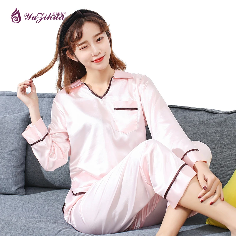 Yuzihua шелковые пижамы Для женщин атласная пижама Длинные рукава Pijama feminino Домашняя