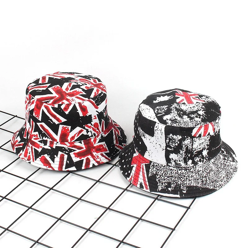 

2018 New Design Two Sides Men&Women Bucket Cap Black Print Hip Hop Fishing Hats Cool Outdoor Summer Caps Flag Graffiti Canvas