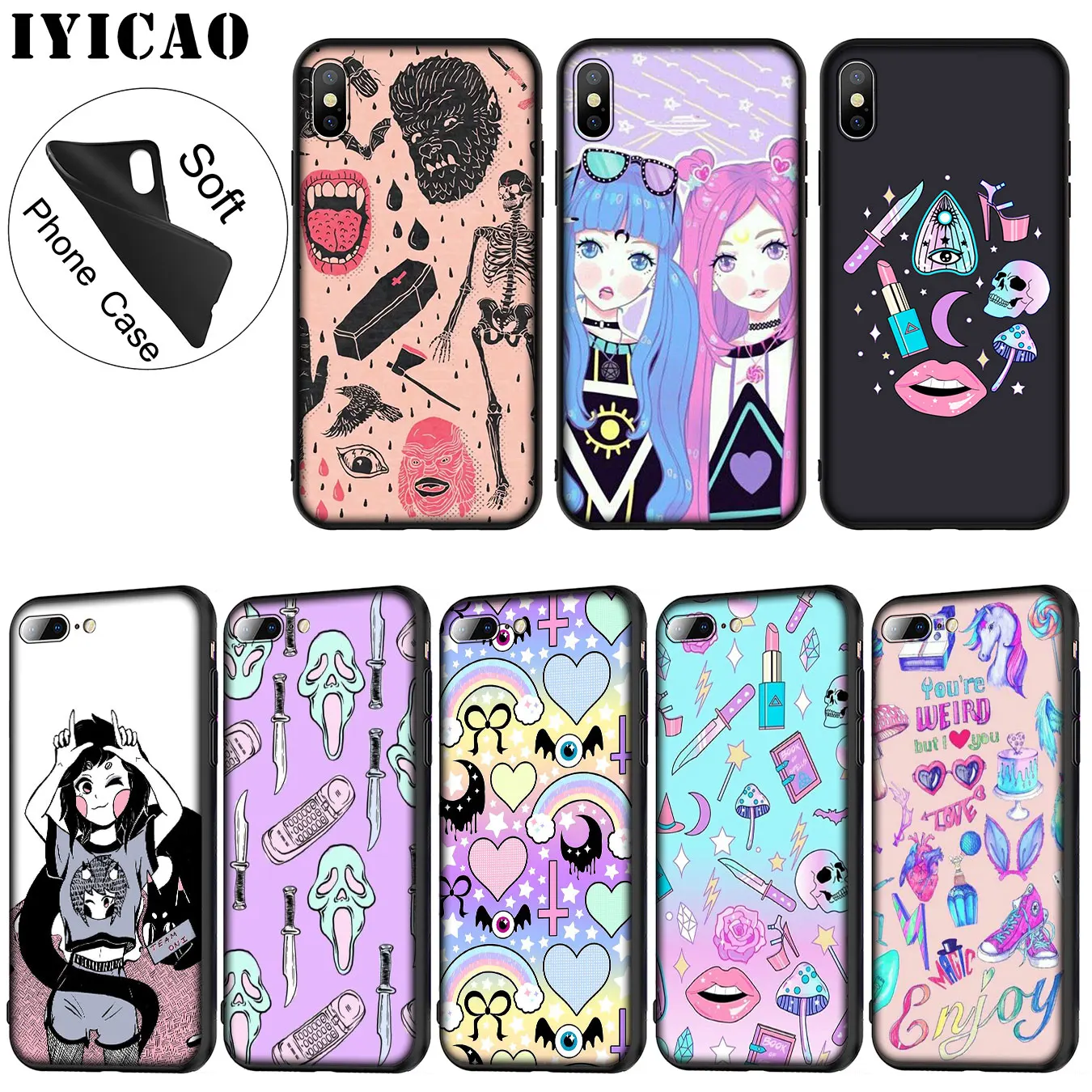 

IYICAO Girly Pastel Witch Goth Soft Silicone Phone Case for iPhone XR X XS 11 Pro Max 6 6S 7 8 Plus 5 5S SE 10 TPU Black Cover