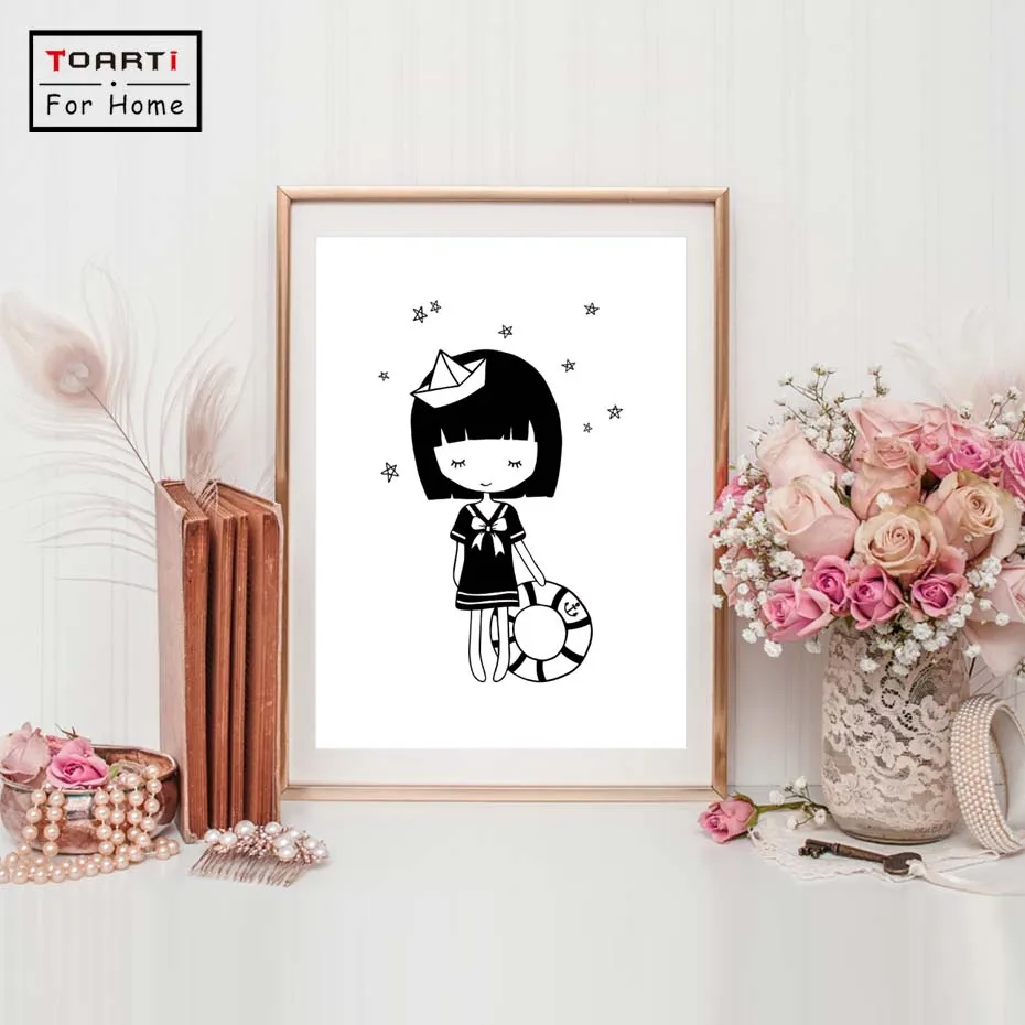 

Little Sailor Girl Posters And Prints Canvas Painting Lovely Black And White Wall Art Picture For Children BedRoom Home Decorati