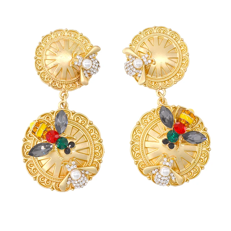 

Retro Engraved Long Drop Earring Gold Party Long Women Exaggerated Statement Earrings Classic Round Jewelry 2018