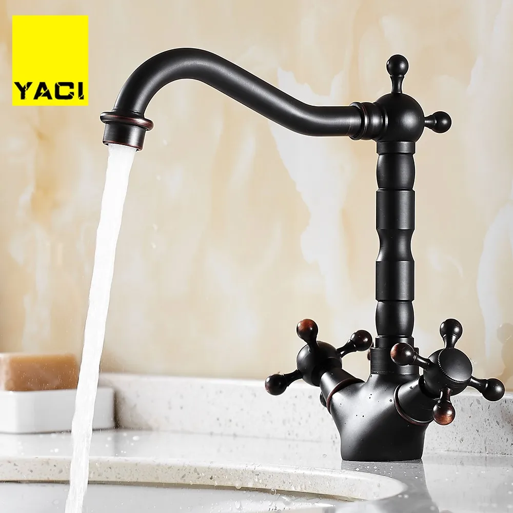 

YACI Retro brass sink basin faucet, Bathroom wash basin faucet hot and cold, Antique copper kitchen water tap mixer