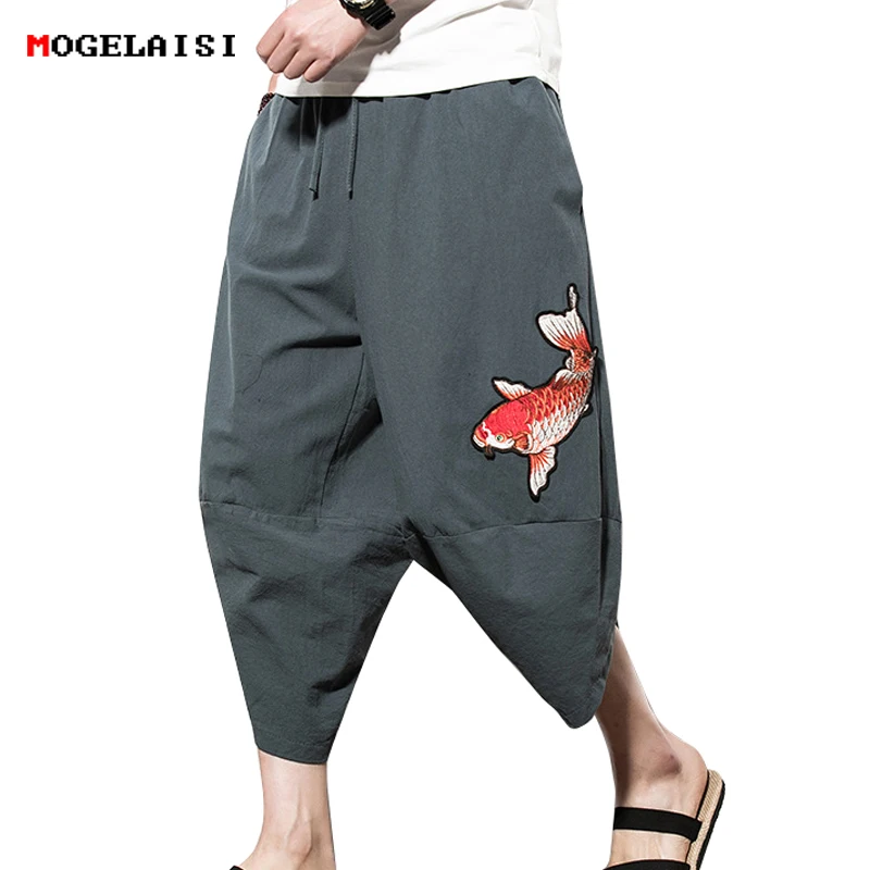 

Linen Cotton Men Harem Pants Calf Length Carp Embroidery Loose pants Flax Trousers Autumn Cross Linen Pants Men Casual M-5XL