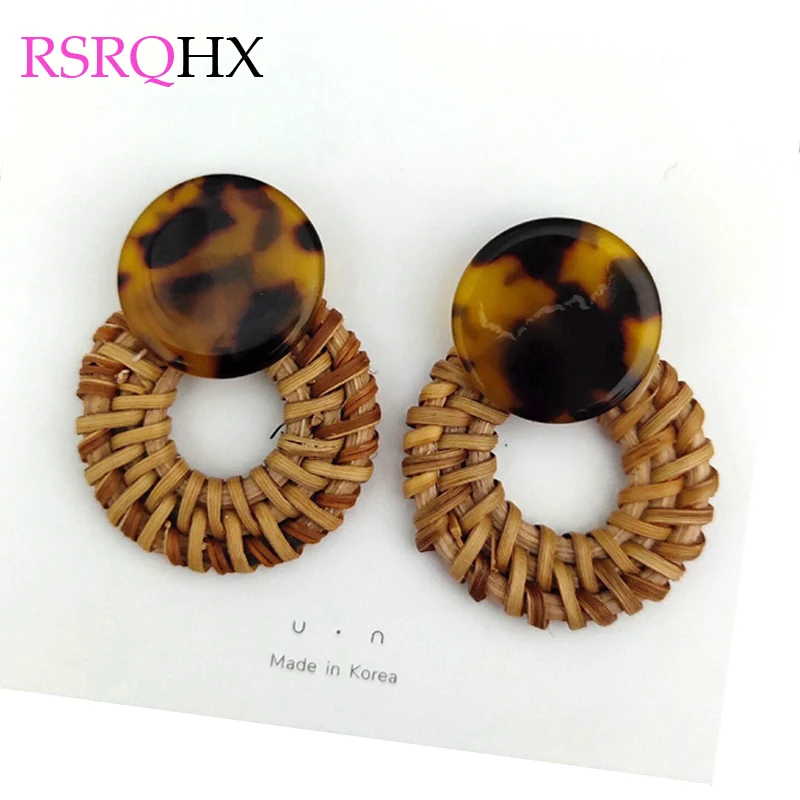 

Acrylic Dangle Earrings Leopard Print Vintage Round Rattan Big Drop Earrings Handmade Straw Weave Rattan Knit Jewelry Women Girl