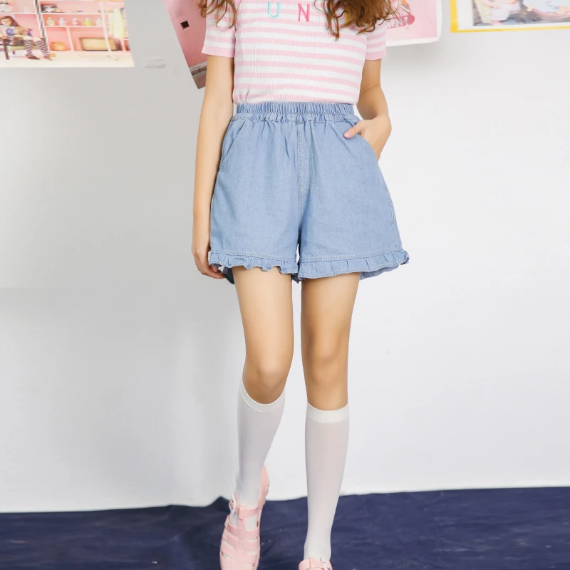 

Summer Kawaii Blue Jeans Shorts Japanese New Hot Women's Jeans High Waist Denim Shorts Plus Size Vintage Ruffle Wide Leg Shorts