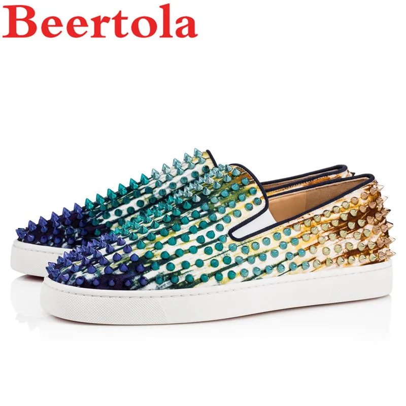 

New Men's Casual Shoes Full Spikes Slip On Low Top Loafers Shoes Men Mixed Color Designers Punk Style Chaussures Male Flat Shoes