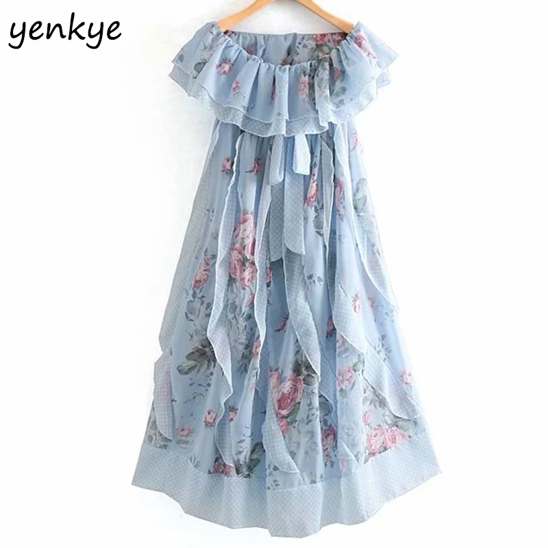 

Sweet Floral Print Chic Cascading Ruffle Dress Women Holiday Beach Boho Summer Sexy Off Shoulder Dress OZZ9106