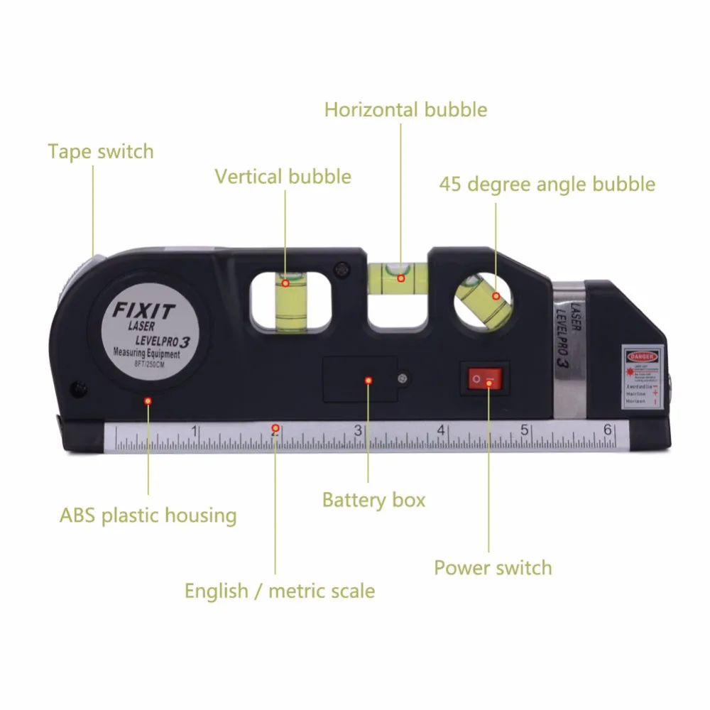LV-03 лазерный горизонтальный вертикальный уровень 8FT выравнивание стандарт и Метрическая линейка многоцелевой уровень измерения Лазерный черный
