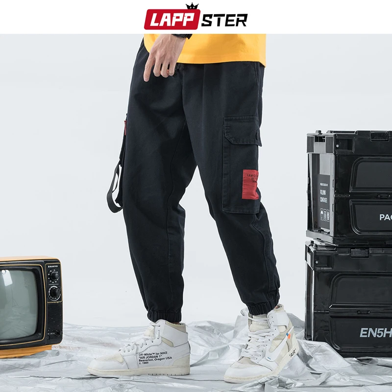 

LAPPSTER Men Ribbons Streetwear Black Cargo Pants 2019 Harem Pants Overalls Mens Hip Hop Baggy Joggers Pants Pocket Sweatpants