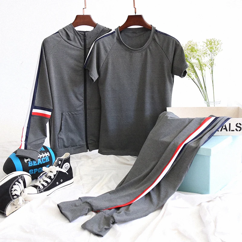 

New Hot High Quality 3 Pieces Fitness Women Yoga Set T- Shirts & Pants & Solid Jacket Gym Clothes Sport Wear Outdoor Jogging